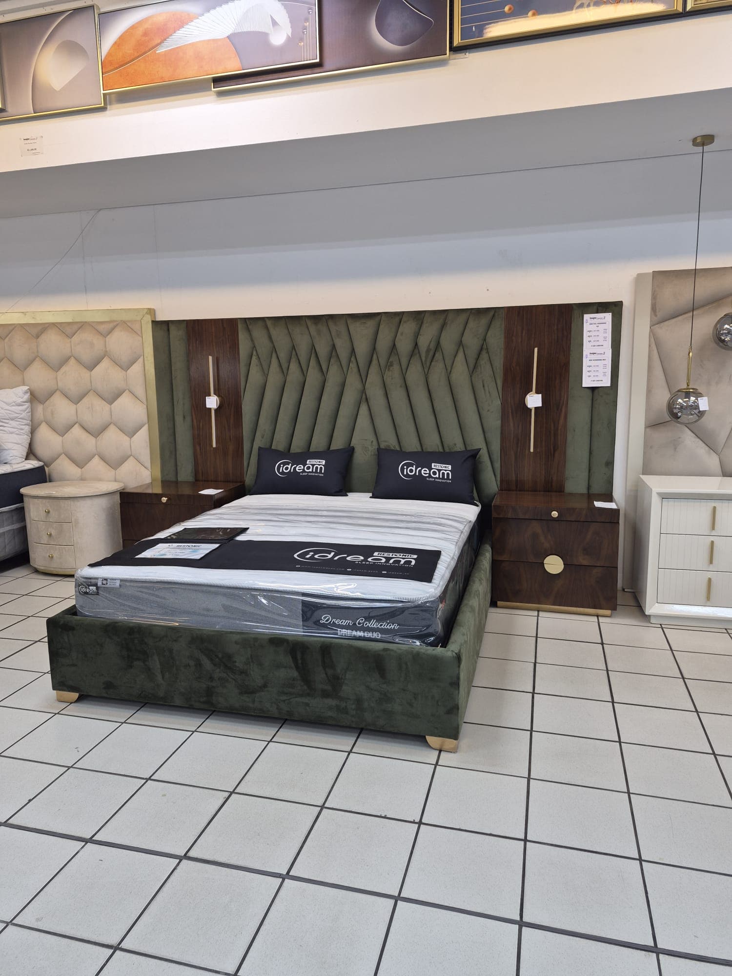 Green chevron headboard with walnut nightstands — full view